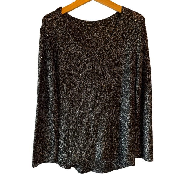 Rafaella Black Sequin Sparkle Knit Sweater Long Sleeve V-Neck Women L - Picture 1 of 7